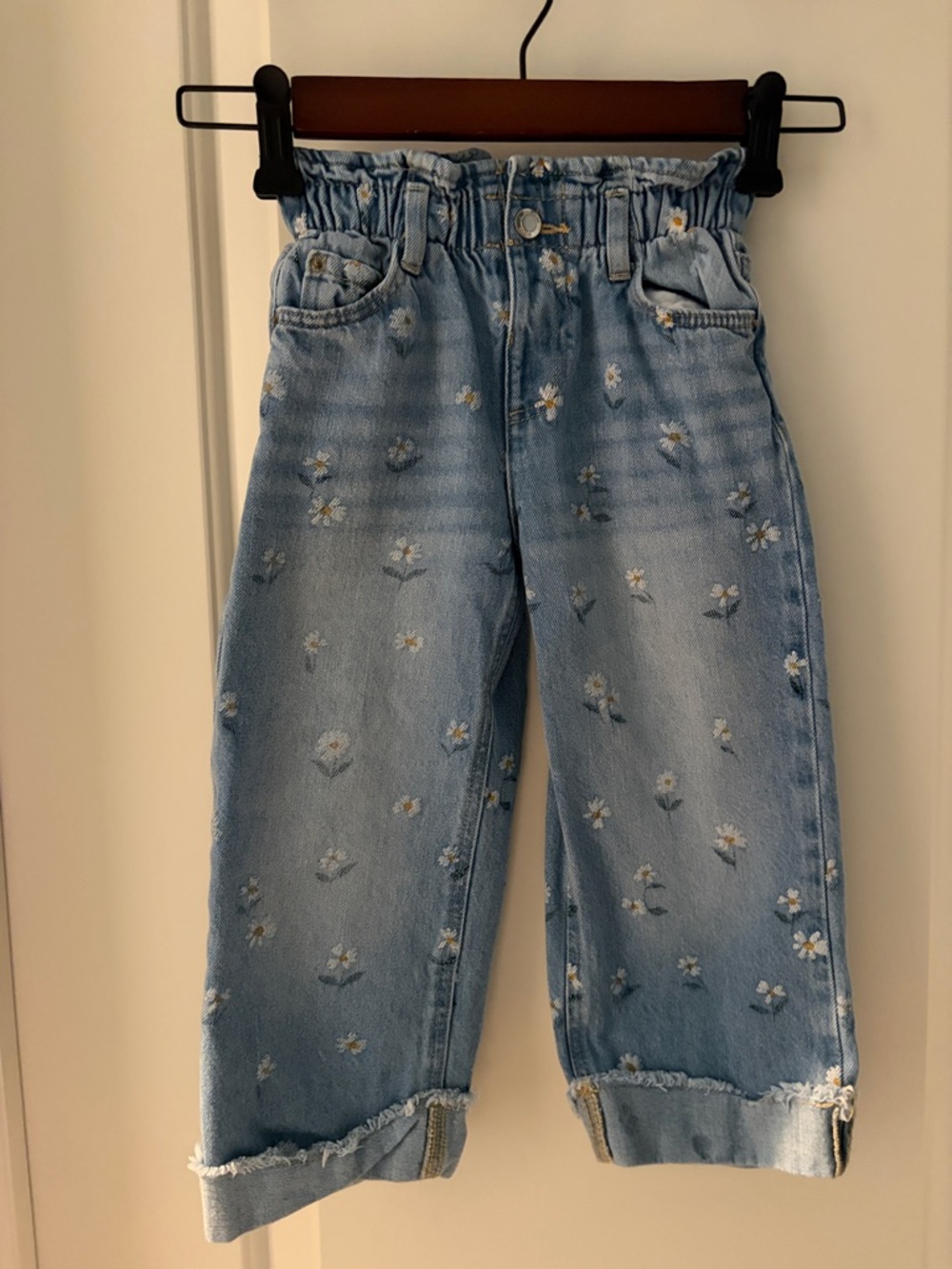 Zara Toddler Light Blue Denim Jeans with White & Yellow Daisy Embroidery